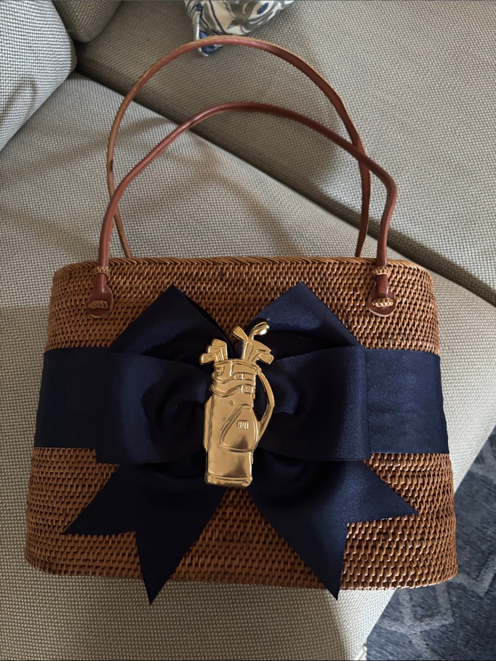 Woven Straw Tote with Navy Bow and Gold Charm